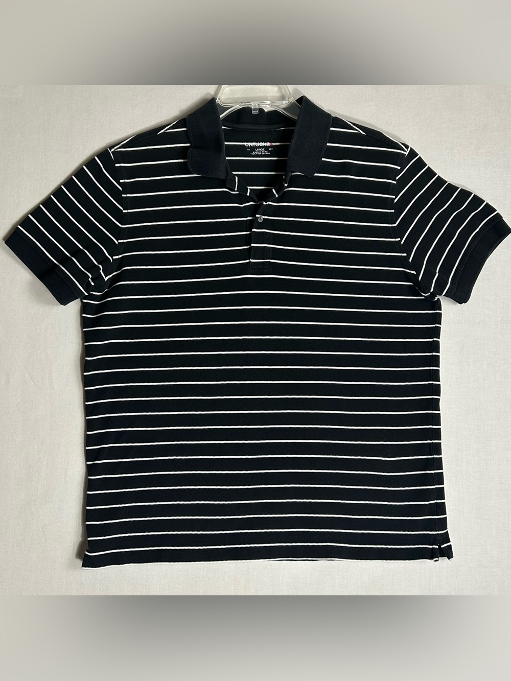UNTUCKit Men's Large Striped Performance Polo Shirt Black White Stretch